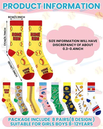 Haysandy 8 Pairs Softball Socks for Girls 8-12 Funny Athletic Cotton Crew Socks Bulk Softball Gifts for Girls Kids Team Players in Kuwait