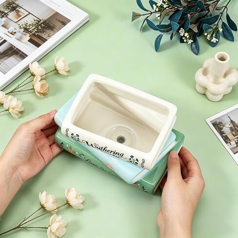 Book-Shaped Decorative Planter - Ceramic Book Vase for Flowers, Book Planter & Stacked Book Shaped Vase for Home, Office,Bookshelf for Book Lover Decor in Saudi Arabia