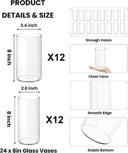 24 Pack 6 Inch Glass Vases, Clear Glass Vase Bulk Flower Cylinder Vases for Centerpieces Table Home Wedding Decorations (6"x3.4", 6"x2.6") in Kuwait