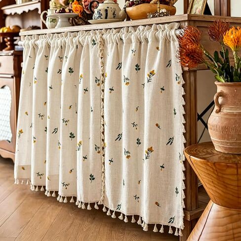 Farmhouse Floral Linen Kitchen Curtain with Tassels 36 Inch Length, Boho Vintage Embroidery Flowers Country Botanical Cafe Curtain, Cute Cottagecore Aesthetic Small Short Panels for Bathroom Kitchen in Saudi Arabia