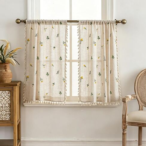 Farmhouse Floral Linen Kitchen Curtain with Tassels 36 Inch Length, Boho Vintage Embroidery Flowers Country Botanical Cafe Curtain, Cute Cottagecore Aesthetic Small Short Panels for Bathroom Kitchen in Saudi Arabia