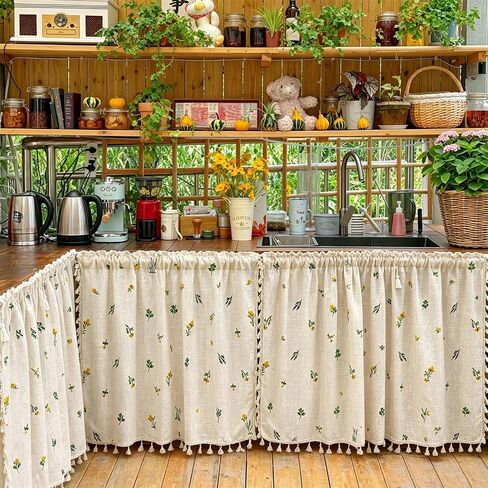 Farmhouse Floral Linen Kitchen Curtain with Tassels 36 Inch Length, Boho Vintage Embroidery Flowers Country Botanical Cafe Curtain, Cute Cottagecore Aesthetic Small Short Panels for Bathroom Kitchen in Saudi Arabia