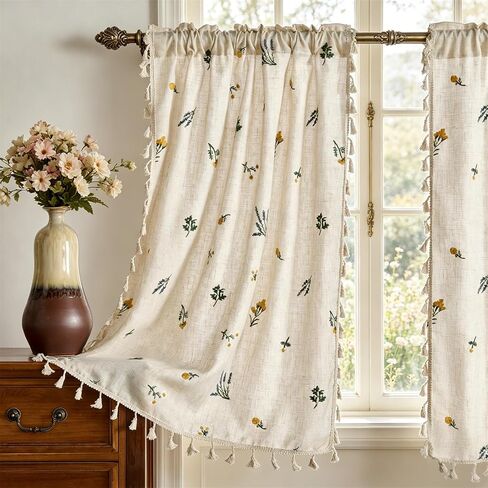 Farmhouse Floral Linen Kitchen Curtain with Tassels 36 Inch Length, Boho Vintage Embroidery Flowers Country Botanical Cafe Curtain, Cute Cottagecore Aesthetic Small Short Panels for Bathroom Kitchen in Saudi Arabia