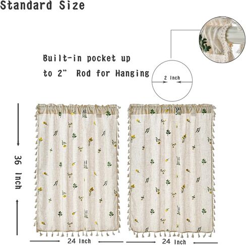 Farmhouse Floral Linen Kitchen Curtain with Tassels 36 Inch Length, Boho Vintage Embroidery Flowers Country Botanical Cafe Curtain, Cute Cottagecore Aesthetic Small Short Panels for Bathroom Kitchen in Saudi Arabia