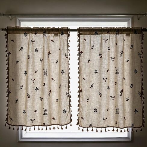 Farmhouse Floral Linen Kitchen Curtain with Tassels 36 Inch Length, Boho Vintage Embroidery Flowers Country Botanical Cafe Curtain, Cute Cottagecore Aesthetic Small Short Panels for Bathroom Kitchen in Saudi Arabia