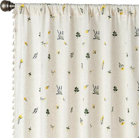 Farmhouse Floral Linen Kitchen Curtain with Tassels 36 Inch Length, Boho Vintage Embroidery Flowers Country Botanical Cafe Curtain, Cute Cottagecore Aesthetic Small Short Panels for Bathroom Kitchen in Saudi Arabia