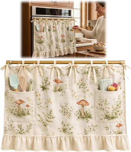 Oven Skirt Curtain, Handmade Oven Skirts, Mushroom Pattern Dishwasher Curtain with Pockets, Ribbon Ties and Ruffled Trim, Decorative Oven Skirts for Dishwashers, Washing Machines in Saudi Arabia