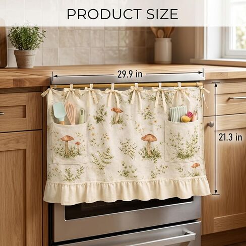 Oven Skirt Curtain, Handmade Oven Skirts, Mushroom Pattern Dishwasher Curtain with Pockets, Ribbon Ties and Ruffled Trim, Decorative Oven Skirts for Dishwashers, Washing Machines in Saudi Arabia