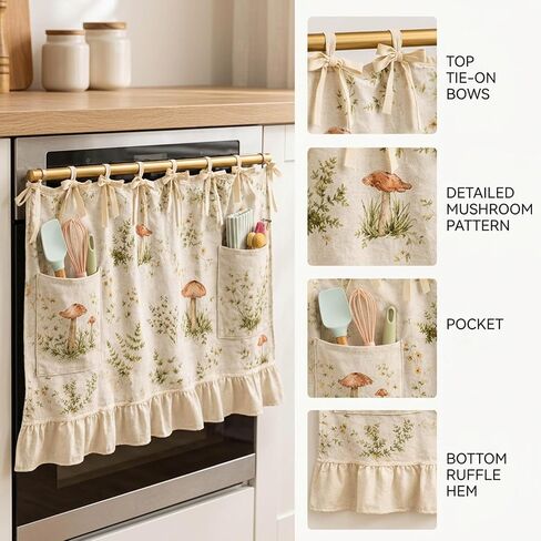 Oven Skirt Curtain, Handmade Oven Skirts, Mushroom Pattern Dishwasher Curtain with Pockets, Ribbon Ties and Ruffled Trim, Decorative Oven Skirts for Dishwashers, Washing Machines in Saudi Arabia