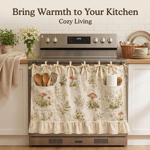 Oven Skirt Curtain, Handmade Oven Skirts, Mushroom Pattern Dishwasher Curtain with Pockets, Ribbon Ties and Ruffled Trim, Decorative Oven Skirts for Dishwashers, Washing Machines in Saudi Arabia
