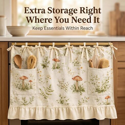 Oven Skirt Curtain, Handmade Oven Skirts, Mushroom Pattern Dishwasher Curtain with Pockets, Ribbon Ties and Ruffled Trim, Decorative Oven Skirts for Dishwashers, Washing Machines in Saudi Arabia