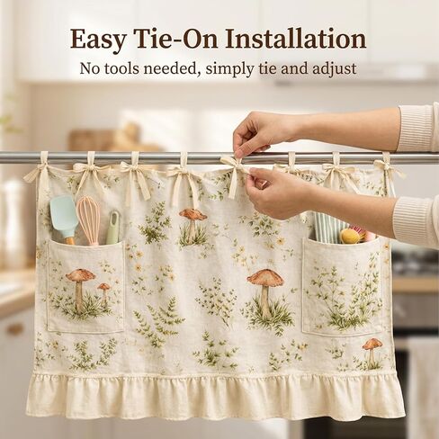 Oven Skirt Curtain, Handmade Oven Skirts, Mushroom Pattern Dishwasher Curtain with Pockets, Ribbon Ties and Ruffled Trim, Decorative Oven Skirts for Dishwashers, Washing Machines in Saudi Arabia