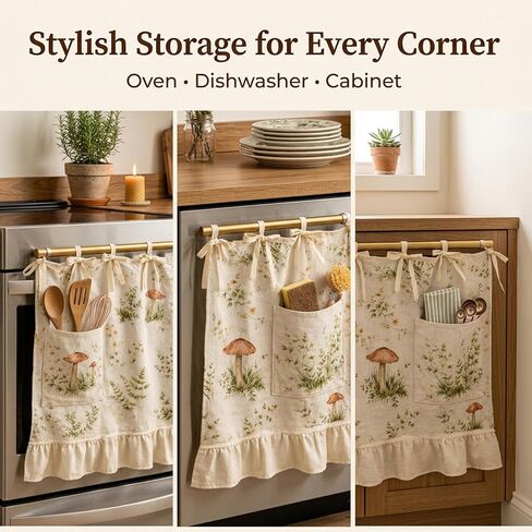 Oven Skirt Curtain, Handmade Oven Skirts, Mushroom Pattern Dishwasher Curtain with Pockets, Ribbon Ties and Ruffled Trim, Decorative Oven Skirts for Dishwashers, Washing Machines in Saudi Arabia