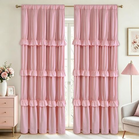Yinhua Pink Ruffle Curtains for Living Room Blackout Curtains for Girls Bedroom 84 Inch Long with 3 Rows of Ruffles, Room Darkening Nursery Curtain Rod Pocket Thermal Insulated Drapes, 2 Panels in Saudi Arabia