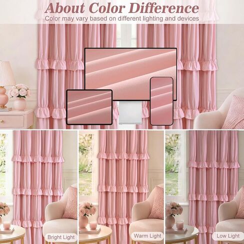Yinhua Pink Ruffle Curtains for Living Room Blackout Curtains for Girls Bedroom 84 Inch Long with 3 Rows of Ruffles, Room Darkening Nursery Curtain Rod Pocket Thermal Insulated Drapes, 2 Panels in Saudi Arabia