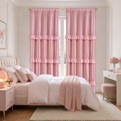 Yinhua Pink Ruffle Curtains for Living Room Blackout Curtains for Girls Bedroom 84 Inch Long with 3 Rows of Ruffles, Room Darkening Nursery Curtain Rod Pocket Thermal Insulated Drapes, 2 Panels in Saudi Arabia