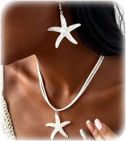 Summer White Rope Chain Starfish Pendant Necklace Earrings Sets Bikini Multi-layered Clavicle Chain Necklace Crystal Big Starfish Earrings for Women in Saudi Arabia