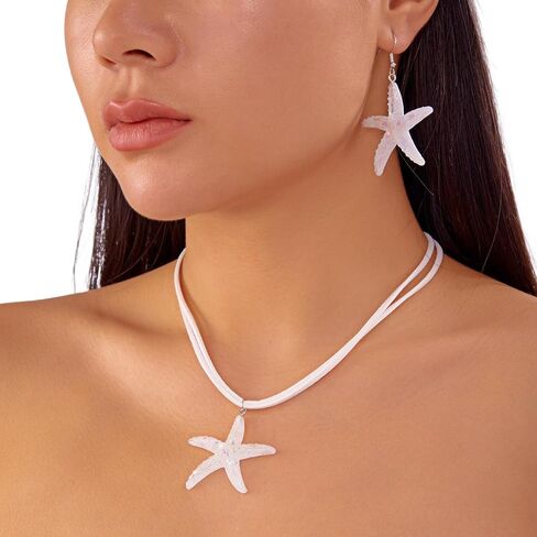 Summer White Rope Chain Starfish Pendant Necklace Earrings Sets Bikini Multi-layered Clavicle Chain Necklace Crystal Big Starfish Earrings for Women in Saudi Arabia