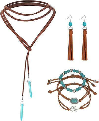 3 Piece Western Boho Turquoise Jewelry Set for Women Brown Leather Wrap Necklace Tassel Drop Earrings and Stackable Bracelets with Cactus Charm Bohemian Southwestern Fashion Accessories for Party Festival and Everyday Wear in Saudi Arabia