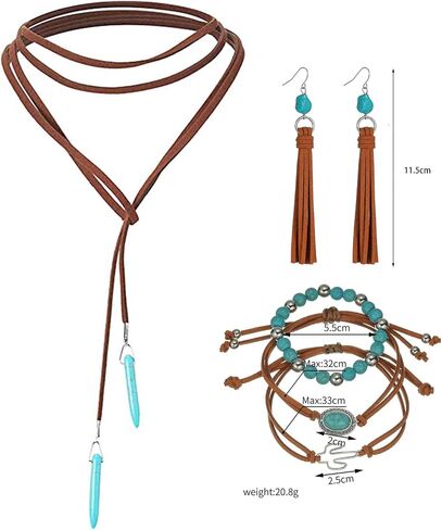 3 Piece Western Boho Turquoise Jewelry Set for Women Brown Leather Wrap Necklace Tassel Drop Earrings and Stackable Bracelets with Cactus Charm Bohemian Southwestern Fashion Accessories for Party Festival and Everyday Wear in Saudi Arabia
