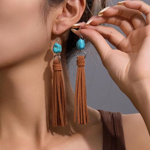 3 Piece Western Boho Turquoise Jewelry Set for Women Brown Leather Wrap Necklace Tassel Drop Earrings and Stackable Bracelets with Cactus Charm Bohemian Southwestern Fashion Accessories for Party Festival and Everyday Wear in Saudi Arabia