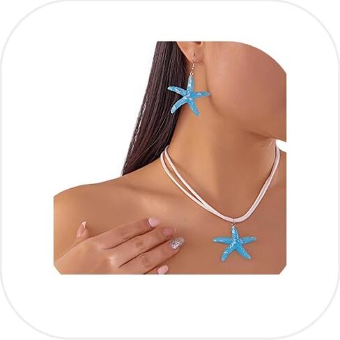 Summer White Rope Chain Starfish Pendant Necklace Earrings Sets Bikini Multi-layered Clavicle Chain Necklace Crystal Big Starfish Earrings for Women in Saudi Arabia