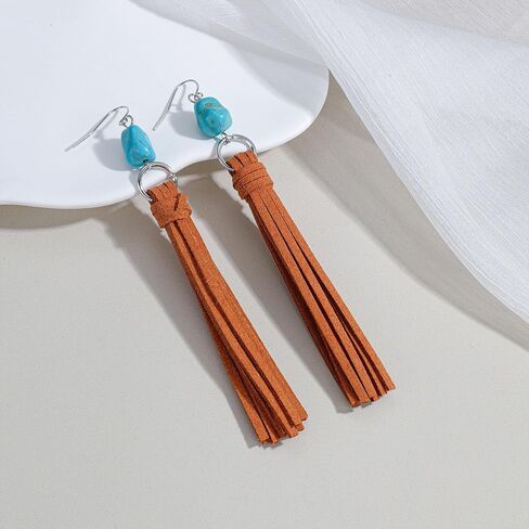 3 Piece Western Boho Turquoise Jewelry Set for Women Brown Leather Wrap Necklace Tassel Drop Earrings and Stackable Bracelets with Cactus Charm Bohemian Southwestern Fashion Accessories for Party Festival and Everyday Wear in Saudi Arabia