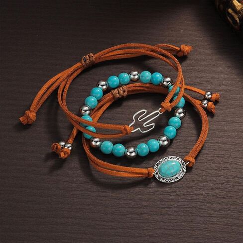 3 Piece Western Boho Turquoise Jewelry Set for Women Brown Leather Wrap Necklace Tassel Drop Earrings and Stackable Bracelets with Cactus Charm Bohemian Southwestern Fashion Accessories for Party Festival and Everyday Wear in Saudi Arabia