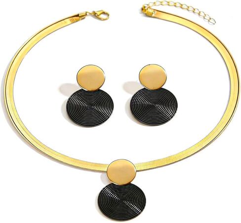 Spiral Disc Pendant Necklace and Earring Set for Women - Fashion Jewelry in Silver, Gold & Black - Minimalist Chunky Design for Daily Wear, Birthday Gift for Her in Saudi Arabia