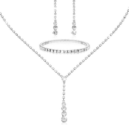 Lusofie Wedding Jewelry Sets for Women Silver Rhinestone Necklace Earrings Bracelet Bridesmaid Bridal Necklace for Wedding Costume Accessories for Women in Kuwait