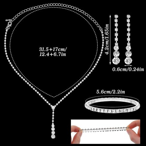 Lusofie Wedding Jewelry Sets for Women Silver Rhinestone Necklace Earrings Bracelet Bridesmaid Bridal Necklace for Wedding Costume Accessories for Women in Kuwait