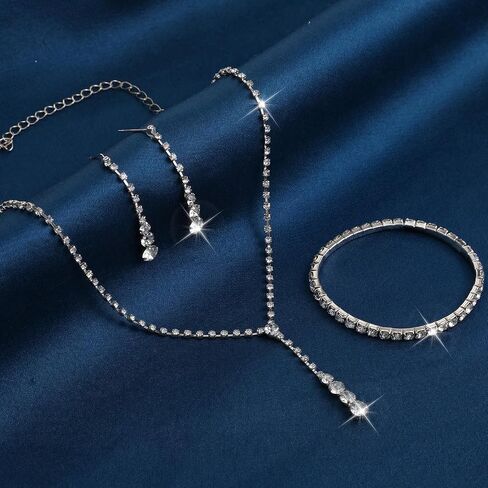 Lusofie Wedding Jewelry Sets for Women Silver Rhinestone Necklace Earrings Bracelet Bridesmaid Bridal Necklace for Wedding Costume Accessories for Women in Kuwait