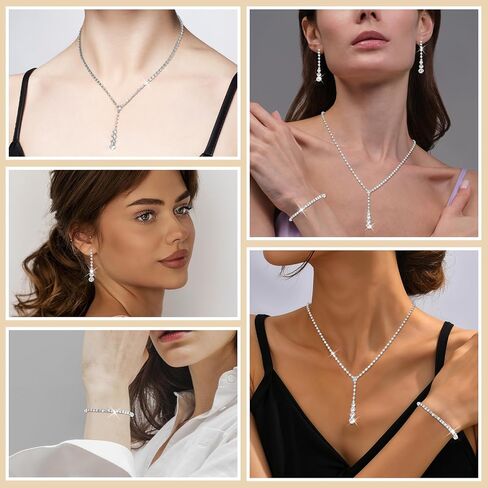 Lusofie Wedding Jewelry Sets for Women Silver Rhinestone Necklace Earrings Bracelet Bridesmaid Bridal Necklace for Wedding Costume Accessories for Women in Kuwait