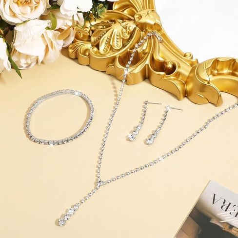 Lusofie Wedding Jewelry Sets for Women Silver Rhinestone Necklace Earrings Bracelet Bridesmaid Bridal Necklace for Wedding Costume Accessories for Women in Kuwait