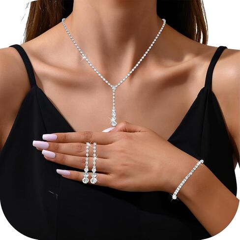 Lusofie Wedding Jewelry Sets for Women Silver Rhinestone Necklace Earrings Bracelet Bridesmaid Bridal Necklace for Wedding Costume Accessories for Women in Kuwait