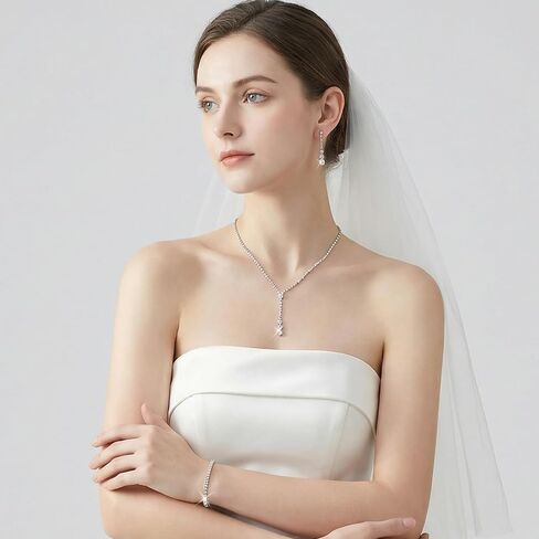 Lusofie Wedding Jewelry Sets for Women Silver Rhinestone Necklace Earrings Bracelet Bridesmaid Bridal Necklace for Wedding Costume Accessories for Women in Kuwait