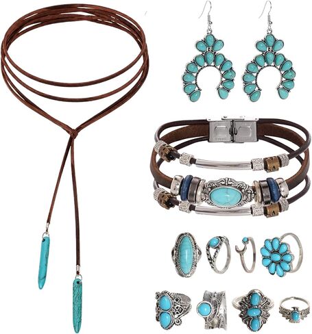 Western Boho Turquoise Jewelry Set, Women's Bohemian Turquoise Necklace, Earrings, Faux Leather Bracelet and Rings Set in Saudi Arabia