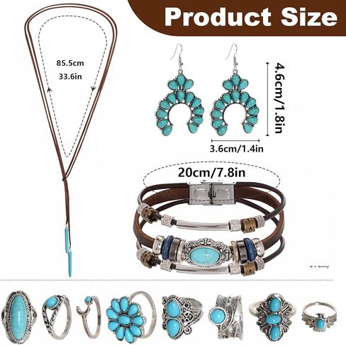 Western Boho Turquoise Jewelry Set, Women's Bohemian Turquoise Necklace, Earrings, Faux Leather Bracelet and Rings Set in Saudi Arabia