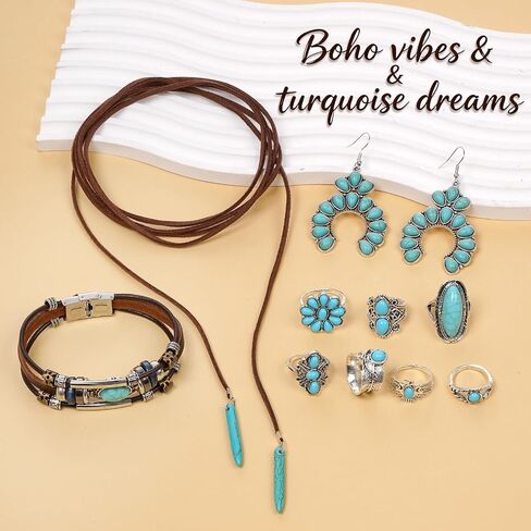 Western Boho Turquoise Jewelry Set, Women's Bohemian Turquoise Necklace, Earrings, Faux Leather Bracelet and Rings Set in Saudi Arabia