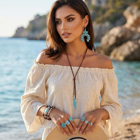 Western Boho Turquoise Jewelry Set, Women's Bohemian Turquoise Necklace, Earrings, Faux Leather Bracelet and Rings Set in Saudi Arabia