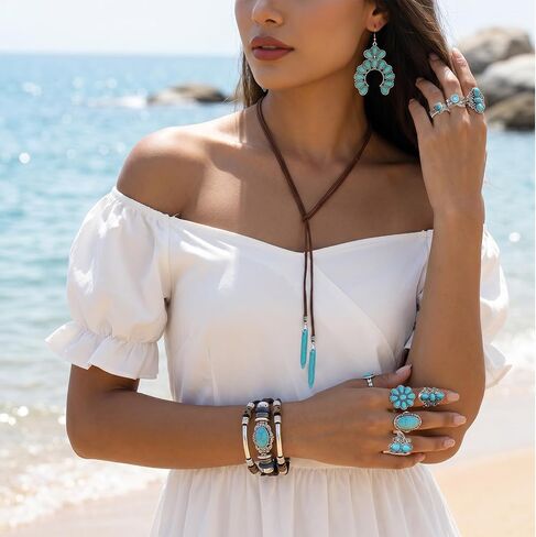 Western Boho Turquoise Jewelry Set, Women's Bohemian Turquoise Necklace, Earrings, Faux Leather Bracelet and Rings Set in Saudi Arabia