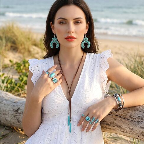 Western Boho Turquoise Jewelry Set, Women's Bohemian Turquoise Necklace, Earrings, Faux Leather Bracelet and Rings Set in Saudi Arabia