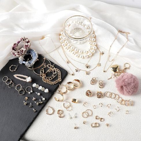 64 Pcs Mystery Jewelry Jar for Women, Golden Surprise Jewelry Box with Necklaces Bracelets Rings Earrings Hair Accessories and Keychain, Multi Style Alternative Fashion Present for Her in Saudi Arabia