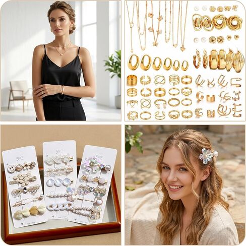 64 Pcs Mystery Jewelry Jar for Women, Golden Surprise Jewelry Box with Necklaces Bracelets Rings Earrings Hair Accessories and Keychain, Multi Style Alternative Fashion Present for Her in Saudi Arabia