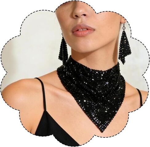 Triangular Scarf Necklace Earrings Set for Women Shiny Choker Necklace Adjustable Mesh Statement Necklace Sequins Collar for Women in Saudi Arabia