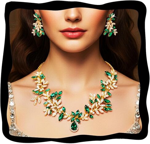 GORAIS Women Wedding Jewelry Green Cocktail Costume Necklaces | Prom Jewelry Sets Gold Fashion Bridal Evening Necklace and Earrings Set for Formal in Kuwait