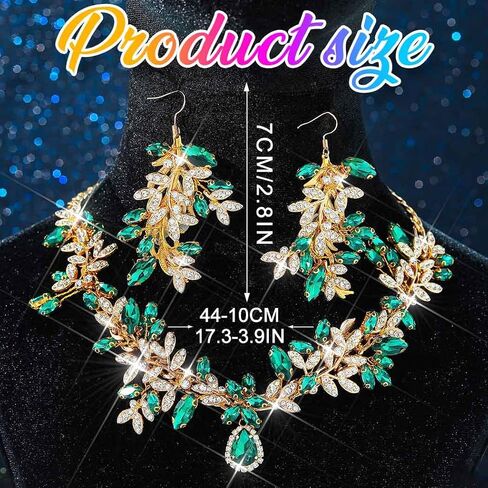 GORAIS Women Wedding Jewelry Green Cocktail Costume Necklaces | Prom Jewelry Sets Gold Fashion Bridal Evening Necklace and Earrings Set for Formal in Kuwait