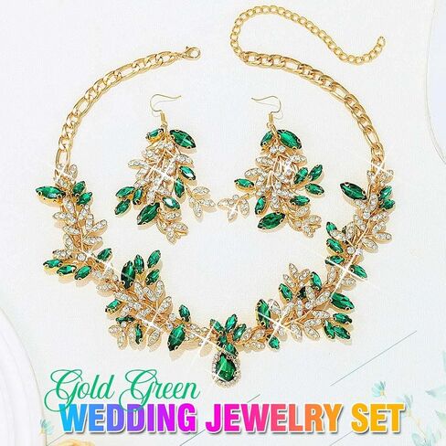 GORAIS Women Wedding Jewelry Green Cocktail Costume Necklaces | Prom Jewelry Sets Gold Fashion Bridal Evening Necklace and Earrings Set for Formal in Kuwait