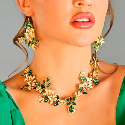 GORAIS Women Wedding Jewelry Green Cocktail Costume Necklaces | Prom Jewelry Sets Gold Fashion Bridal Evening Necklace and Earrings Set for Formal in Kuwait