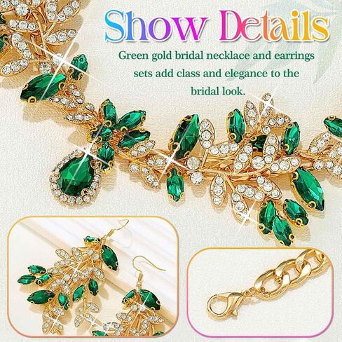 GORAIS Women Wedding Jewelry Green Cocktail Costume Necklaces | Prom Jewelry Sets Gold Fashion Bridal Evening Necklace and Earrings Set for Formal in Kuwait